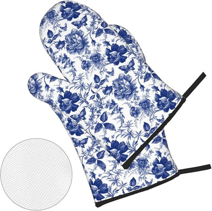 Blue and White Porcelain Floral Butterfly Oven Mitts and Pot Holders Set of 4,Vintage Chinoiserie Heat Resistant Non-Slip Potholders Oven Gloves and Pad for Kitchen Cooking Baking Grilling BBQ