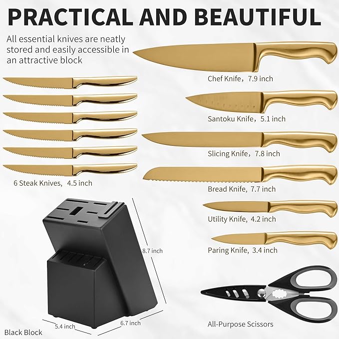 15-Piece Gold Kitchen Knife Block Set with Sharpener, Stainless Steel Knives Set for Kitchen, Chef Gold Kitchen Knife Sets with Scissors, Steak Knives
