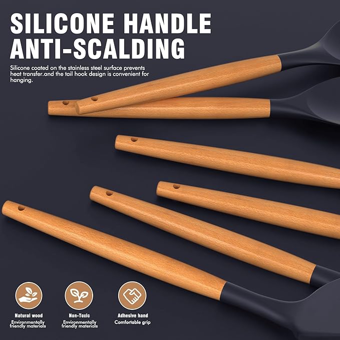 Silicone Cooking Utensils Set - AVGPD Silicone Kitchen Utensils for Cooking Wooden Handles, 446°F Heat Resistant Kitchen Utensil Spatula Sets, Gadgets for Non-Stick Cookware BPA FREE (Navy Blue) - Image 2
