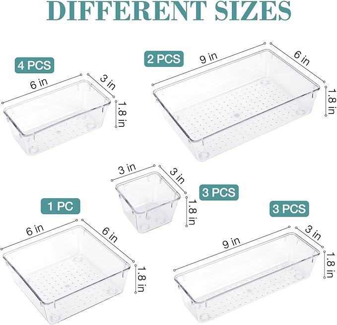 StorMiracle 13 PCS Drawer Organizer Set, 5 Varied Size Bathroom and kitchen Drawer cabinet organizer Trays, Clear Storage Bins for Makeup, Jewelry, Utensils and Gadgets - Image 2