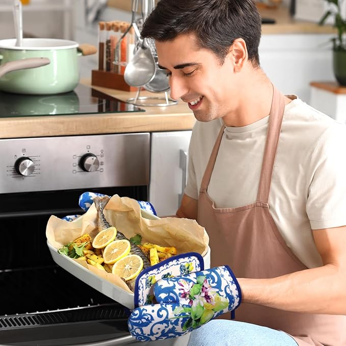 Bencailor 6 Pcs Lemon Kitchen Towels Oven Mitts and Pot Holders Set Decorative Dish Towels Tea Washcloth Non Slip Heat Resistant Oven Gloves for Summer Home Cooking Baking, Blue, Gold - Image 4