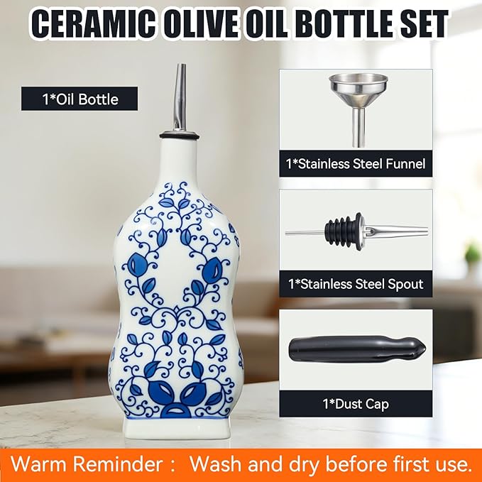 Ceramic Oil Dispenser 16oz, Square Blue and White Olive Oil Bottle with Stainless Steel Spout & Funnel, Leak-Proof Drip-Free Oil Cruet for EVOO, Vinegar, Soy Sauce, Kitchen Use