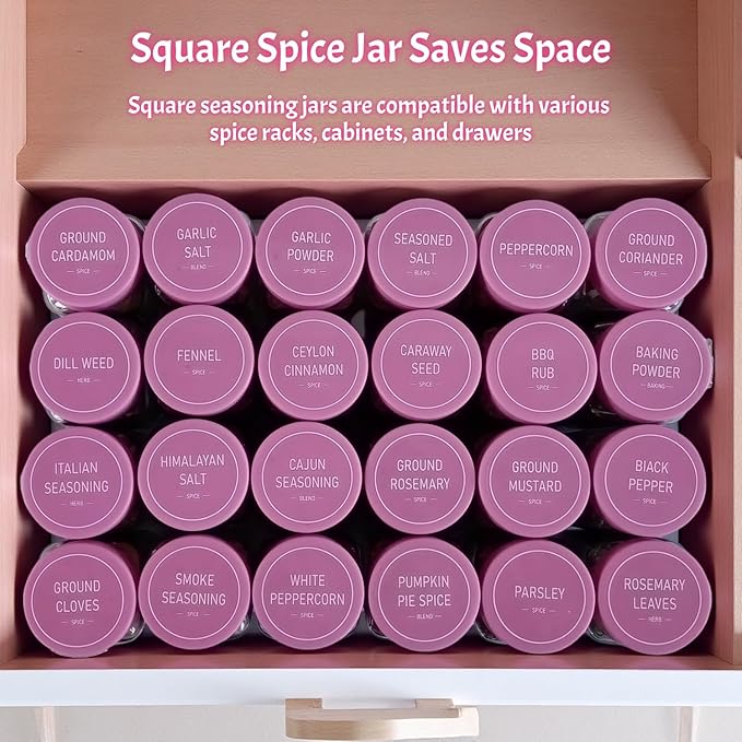Pink Spice Jars with Labels - 24 Glass Spice with Shaker Lids & Airtight Plastic Caps - 4oz Complete Seasoning Containers Organizer Set for Cabinet, Drawer & Rack (Deeppink) - Image 4