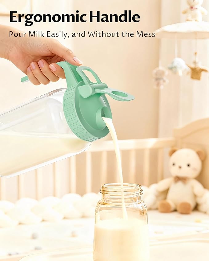 64oz Glass Breast Milk Pitcher with Lid & Pour Spout, 2 Quart Airtight Leakproof BreastMilk Fridge Storage Container - Wide Mouth, Dishwasher Safe Formula Pitcher with Handle - Image 5