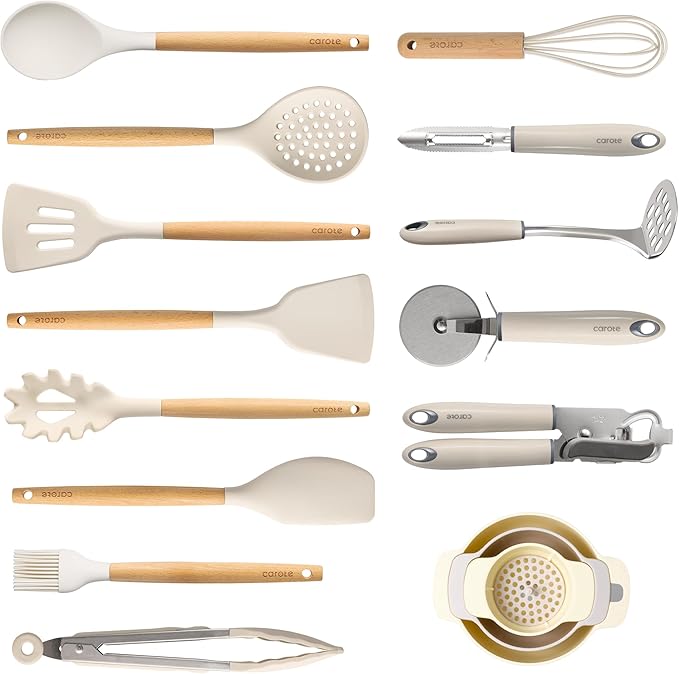 CAROTE Silicone Cooking Utensils Set, Kitchen Utensils Set 16 Pcs for Cooking,BPA Free Spatula Set,446 ℉ Heat Resistant Wood Handles for Nonstick Cookware (Cream White) by CAROTE