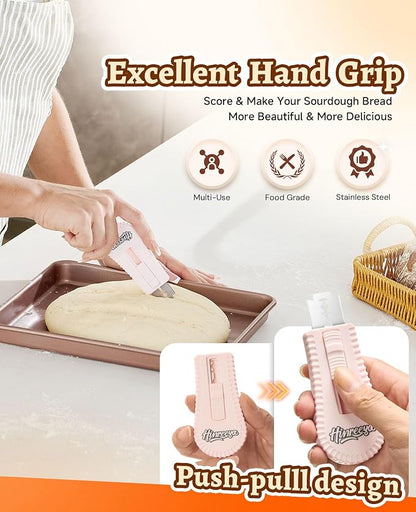 Bread Lame Extractable & Magnetic Dough Scoring Tool with Protective Cover - Easy-to-Use Bread Cutter for Artisan Sourdough, Pizza Dough, and More - Scoring Patterns Booklet & 5 Razor Blades