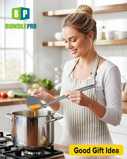 Silicone Pasta Fork and Soup Ladle Set, Heat Resistant Non Stick Kitchen Utensils with Back Hooks, Suitable for Cooking, Stirring, Serving Spaghetti, Soup, Sauce (GRAY)