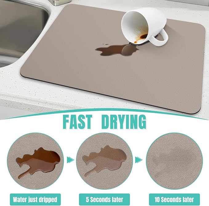 WISELIFE Coffee Mat Super Absorbent Dish Drying Mat Bar Accessories Match with Coffee Machine Large Drying Mats for Kitchen Counter 12" W x 19" L, Khaki - Image 3