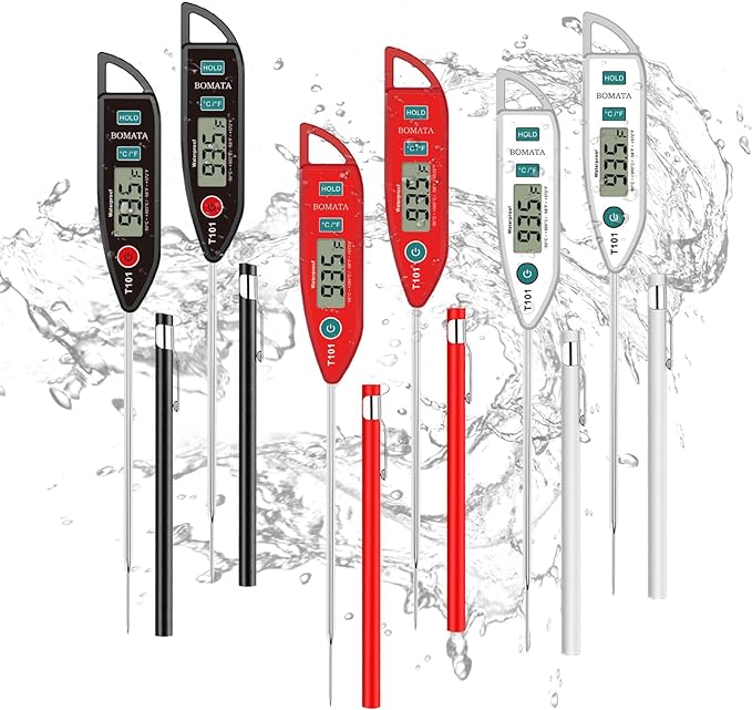 BOMATA 6 Pack Waterproof IPX7 Meat Thermometer Instant Read Food Thermometer with Long Probe for Water, Liquid, Kitchen Cooking, Grill,BBQ ! T101 X 6 Pcs (Black & Red & White)… by BOMATA