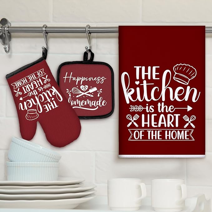 Sratte 6 Pcs Kitchen Decor Accessories Set Farmhouse Towels Pot Holders Oven Mitts Set 2 Dish Towels 2 Potholders 2 Cooking Mittens Oven Glove for Christmas Baking Cooking(Wine Red,Kitchen) - Image 2