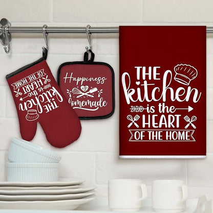 Sratte 6 Pcs Kitchen Decor Accessories Set Farmhouse Towels Pot Holders Oven Mitts Set 2 Dish Towels 2 Potholders 2 Cooking Mittens Oven Glove for Christmas Baking Cooking(Wine Red,Kitchen) - Image 2