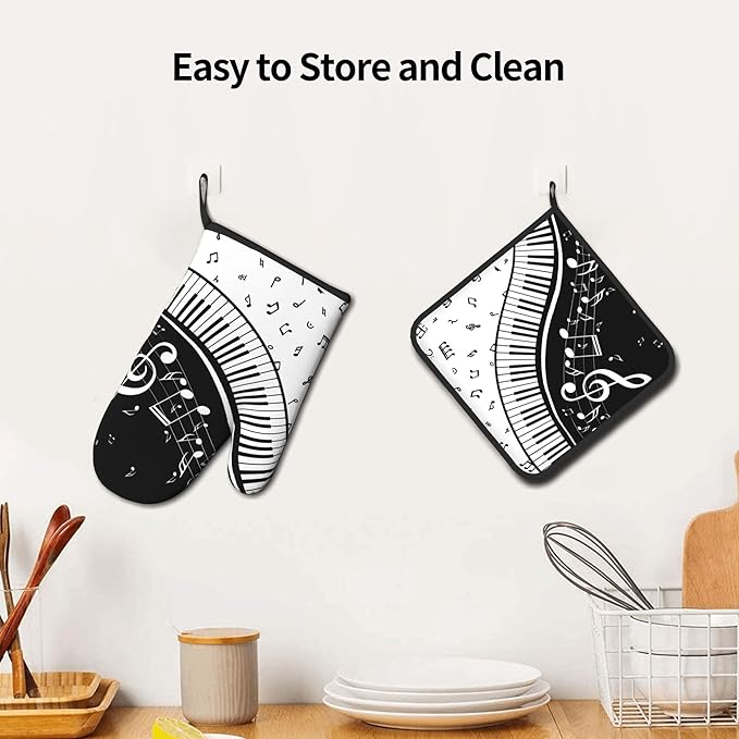 Oven Mitt and Pot Holders Sets - Music Kitchen Mitts Black White Piano Oven Gloves Hot Pads Set of 2 for Cooking BBQ Baking Grilling - Image 6