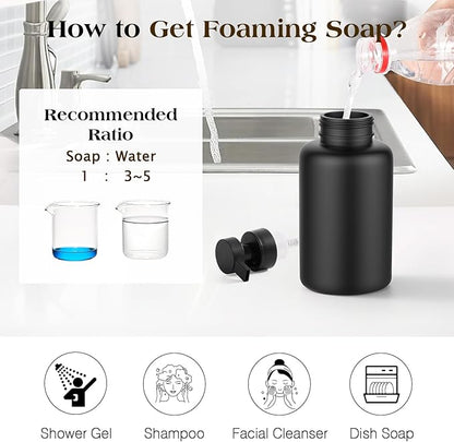 Luxspire Foaming Soap Dispenser, Glass Foam Pump Soap Dispenser, Non-Slip Hand Soap Bottle with 5 Waterproof Labels, 15 Oz Refillable Liquid Soap Bottle for Bathroom & Kitchen, Black, 1 Pack