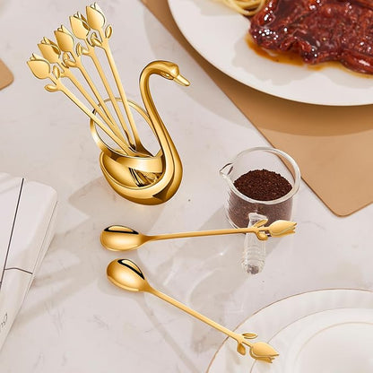 Gold Small Coffee Spoon Holder Set,Swan Base With 12 Pcs Demitasse Espresso Spoons Set,6" Mini Tulip/Rose Dessert Spoon,Stainless Steel Tea Spoons - Image 5