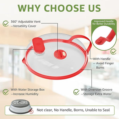 Microwave Splatter Cover with Water Steamer for Food - 10 Inch Steam Microwave Splatter Guard with Handle Splash Oven Lid with Built in Steamer Plate Covers for Heating Food - Red