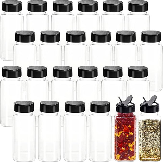 Tiaiidi 24 Pack 3.5 oz Square Plastic Spice Jars,Seasoning Containers with Black Screw Lids to Pour or Shake,Empty Storage Spice Containers for Spice,Powders,Peppers by Tiaiidi