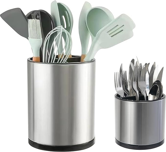 LIBODOUR Kitchen Utensil Holder Extra Large Rotating For Counter Organizer Stainless Steel Storage Cooking Silverware Caddy 3 Compartment Flatware Spoon Spatula Tool Cutlery Container（2 Set Silvery） by ModernandFarmhouseUtensilHolder