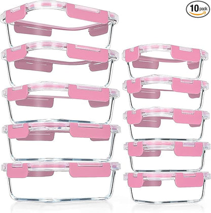 VERONES 10Pack Glass Meal Prep Containers, Airtight Glass Lunch Containers,Stackable Food Storage Containers Set with Lids,Exclusive of BPA, for Microwave,Oven, Freezer&Dishwasher Friendly,Pink by VERONES