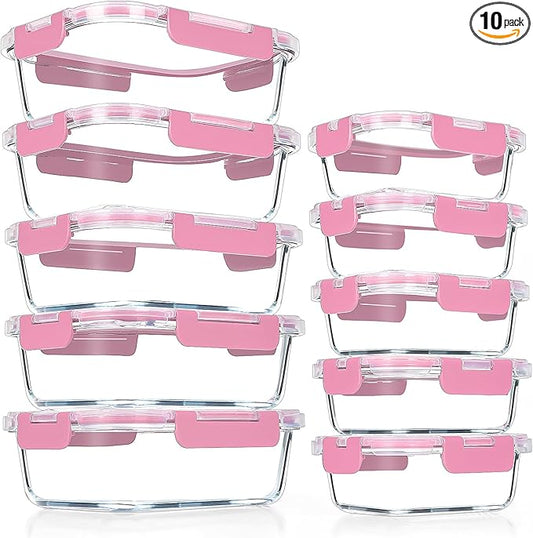 VERONES 10Pack Glass Meal Prep Containers, Airtight Glass Lunch Containers,Stackable Food Storage Containers Set with Lids,Exclusive of BPA, for Microwave,Oven, Freezer&Dishwasher Friendly,Pink by VERONES