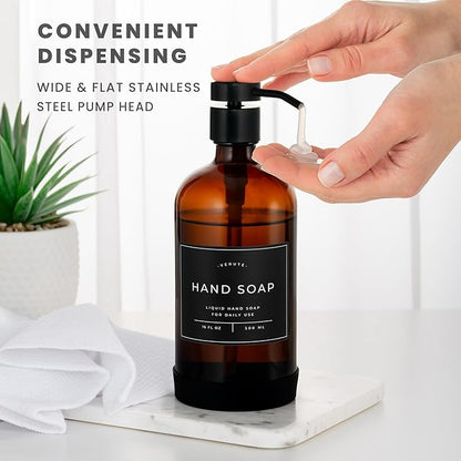 Hand and Dish Soap Dispenser for Kitchen and Bathroom, Set of 2 16 Oz Glass Bottles, Stainless Steel Pumps, Non-Slip Silicone Base, 27 Waterproof Labels (Amber Bottle/Black Pump) - Image 4