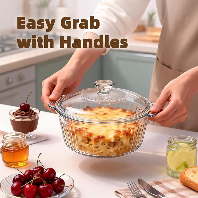 Luvan 2.4L/2.5Qt Round Glass Casserole Dish with Lid, Clear Baking Dish with Handles for Baking, Cooking & Serving, High Borosilicate Lead-Free Glass cookware, Oven, Microwave, Freezer & Dishwasher Safe - Image 5