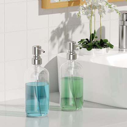 AmazerBath Soap Dispenser, 2 Pack Glass Soap Dispenser with Pump Stainless Steel, 17 Oz Hand Soap Bottles Bathroom Kitchen, Clear - Image 7