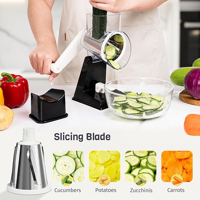 Upgraded Rotary Cheese Grater with 3 Interchangeable Stainless Steel Drums, One-Press Powerful Suction Manual Vegetable Shredder & Slicer for Kitchen, 15pcs Storage Bags Included, Black