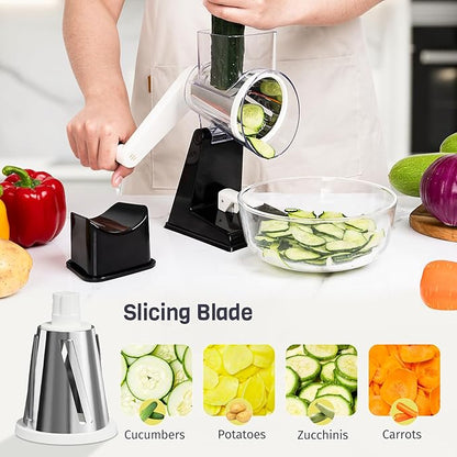 Upgraded Rotary Cheese Grater with 3 Interchangeable Stainless Steel Drums, One-Press Powerful Suction Manual Vegetable Shredder & Slicer for Kitchen, 15pcs Storage Bags Included, Black