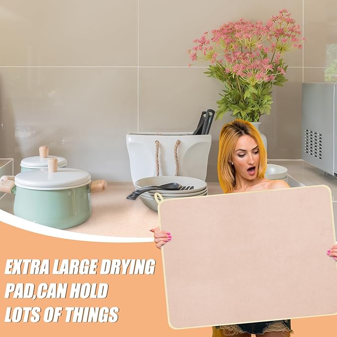 Hushee 2 Pack Extra Large Dish Drying Mat Microfiber Absorbent Dish Drying Pad Large Size Dishes Drainer Mats for Countertop, Sink, Refrigerator or Dryer (30 x 24 Inch,Beige) - Image 5