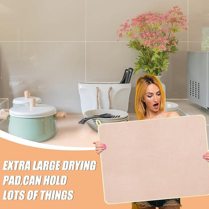 Hushee 2 Pack Extra Large Dish Drying Mat Microfiber Absorbent Dish Drying Pad Large Size Dishes Drainer Mats for Countertop, Sink, Refrigerator or Dryer (30 x 24 Inch,Beige) - Image 5