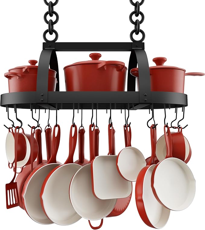KES Ceiling Pot Rack 34-Inch Hanging Pot Rack for Kitchen Oval Pot and Pan Rack Matte Black Pot Hanger with 20 S Hooks (For 16" and 24" Joist), KUR221S85-BK by KES
