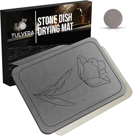 Stone Dish Drying Mat for Kitchen Counter – Diatomaceous Earth Drying Mat | Fast-Absorbing, Minimalist Design, Durable Diatomite | Non-Slip, Heat Resistant, Easy-to-Clean | USA Brand | 15.7”x11.8” by Tulvera