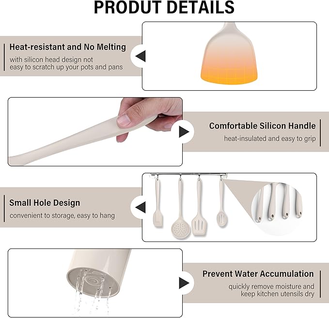 HaWare 11 PCS Silicone Cooking Utensils Set, Heat Resistant Kitchen Utensils with Holder, Food-grade Spatula Sets for Nonstick Cookware, Kitchen Tools Gadgets Include Fish Turner, Spoon (Khaki) - Image 4