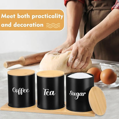 Reallnaive Coffee Tea Sugar Container Set with Tray, Set of 3 Airtight Metal Canister with Bamboo Lids, Farmhouse Kitchen Counter Organizer for Coffee Bar and Drink Station (Black)