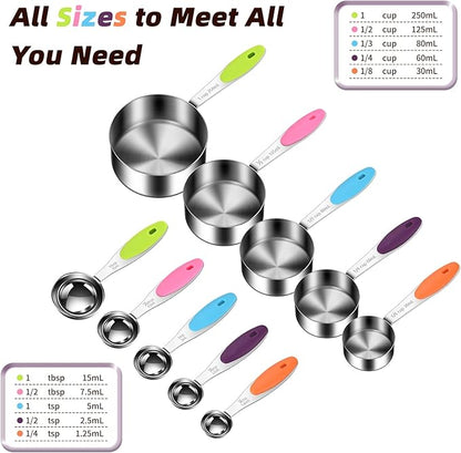 10-Piece Measuring Cups and Spoons Set, 304 Stainless Steel with Color-Coded Silicone Handles, Engraved Metric/US Measurements, Stackable & Detachable, Dishwasher Safe