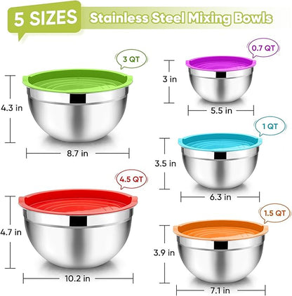 TeamFar Mixing Bowls, 4.5/3/1.5/1/0.7 QT, Stainless Steel Metal Nesting Salad Bowl with Lid Set of 5, Ideal for Prepping Serving, Healthy & Sturdy, Airtight Lid & Easy Clean, Multi-Color - Image 2