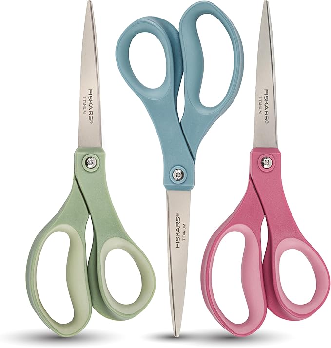 Fiskars 8” Comfort Grip Titanium Multipurpose Scissors with Ergonomic Handles for Everyday Cutting Tasks, Sharp Scissors for Home, Office, Crafts, Multicolor 3-Pack by Fiskars
