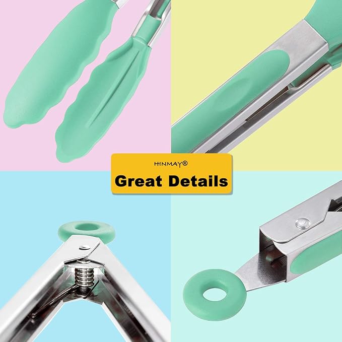 HINMAY Stainless Steel Kitchen Cooking Tongs with Silicone Tips 9-Inch Serving Tongs, Set of 3 (Mint Pink Yellow) - Image 4
