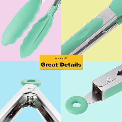 HINMAY Stainless Steel Kitchen Cooking Tongs with Silicone Tips 9-Inch Serving Tongs, Set of 3 (Mint Pink Yellow) - Image 4