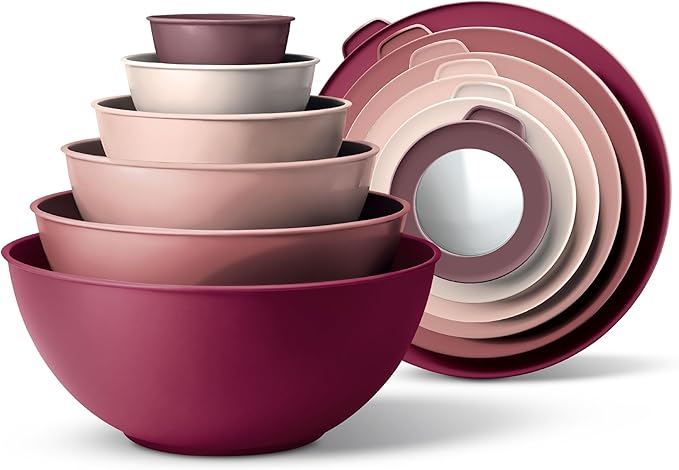 COOK WITH COLOR Mixing Bowls with Lids - 12 Piece Plastic Nesting Bowls Set includes 6 Prep Bowls and 6 Lids, Microwave Safe Mixing Bowl Set, Rose TPR Lid by CookwithColor