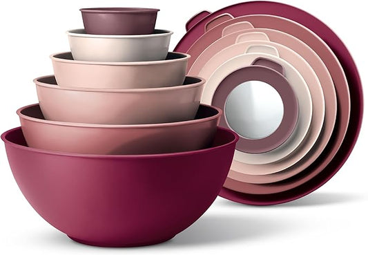 COOK WITH COLOR Mixing Bowls with Lids - 12 Piece Plastic Nesting Bowls Set includes 6 Prep Bowls and 6 Lids, Microwave Safe Mixing Bowl Set, Rose TPR Lid by CookwithColor
