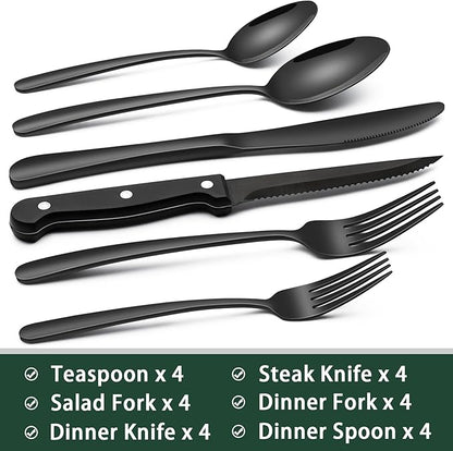 EWFEN 24-Piece Black Silverware Set with Steak Knives, Black Flatware Set for 4, Food-Grade Stainless Steel Tableware Cutlery Set, Mirror Finished Utensil Sets for Home Restaurant, Heavy Duty - Image 2