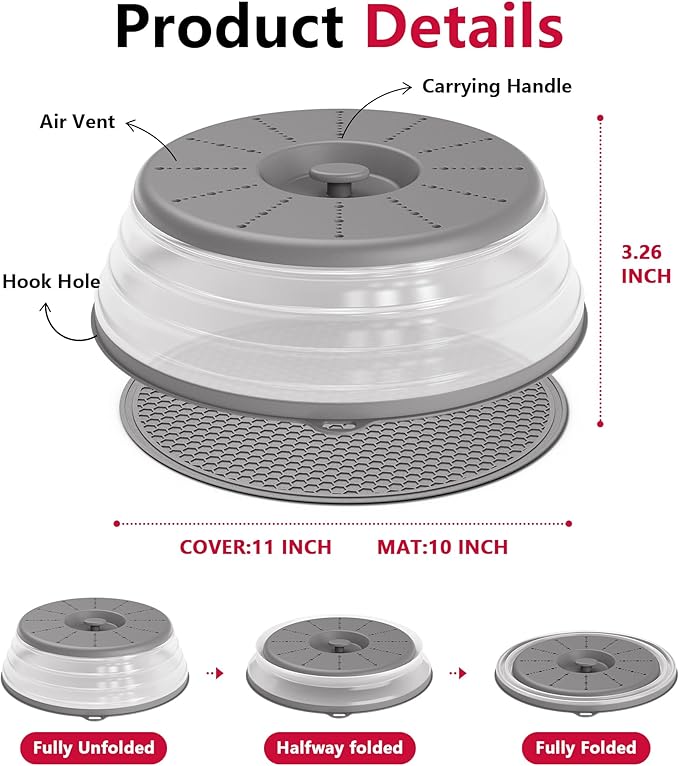 WVM Microwave Splatter Cover & Mat, Vented Collapsible Splatter Guard dish Plate lid & Silicone Round Kitchen Mat for Food, Meal Prep, Grey - Image 6