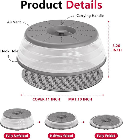 WVM Microwave Splatter Cover & Mat, Vented Collapsible Splatter Guard dish Plate lid & Silicone Round Kitchen Mat for Food, Meal Prep, Grey - Image 6