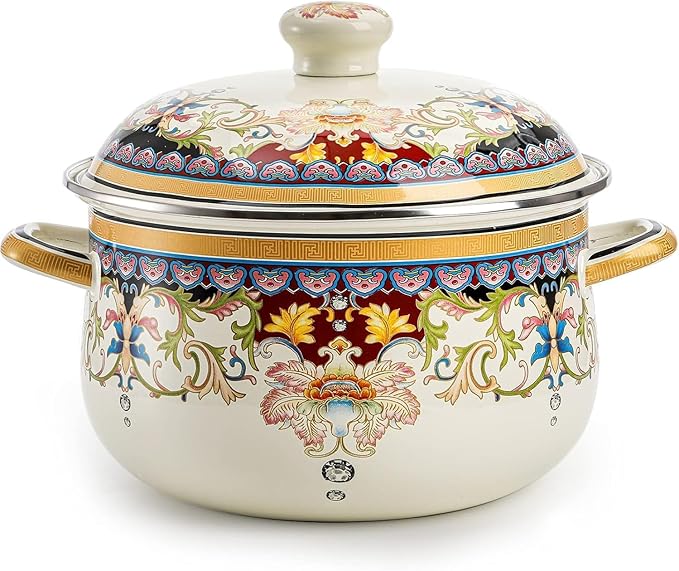 Retro Flower Enamel Stockpot with Lid,Stockpots for Cooking,Vintage Floral Stew Bean Simmer Pot with Handle, Kitchen Soup Pot, Safe for Induction Cookers, Gas Stove(Ivory-2.5QT)