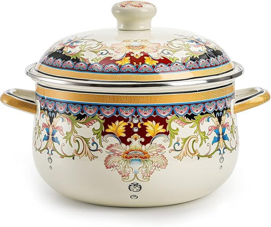 Retro Flower Enamel Stockpot with Lid,Stockpots for Cooking,Vintage Floral Stew Bean Simmer Pot with Handle, Kitchen Soup Pot, Safe for Induction Cookers, Gas Stove(Ivory-2.5QT)