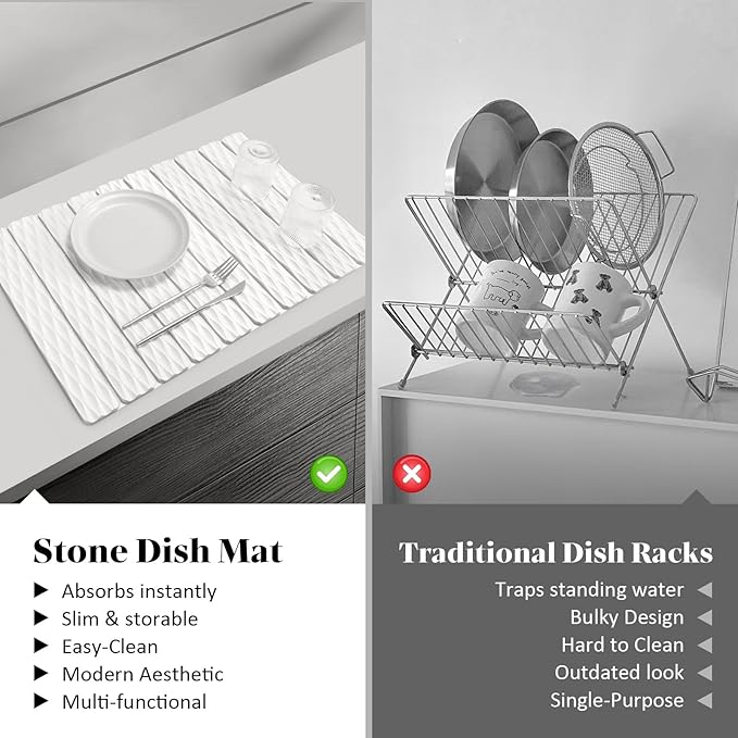 Stone Dish Drying Mats for Kitchen Counter, 24"(L)×16"(W) Wave - Pattern, Fast Drying Collapsible Dish Drying Mat, Eco-Friendly Absorbent Diatomaceous Earth Mats for Match Any Countertop - Image 6