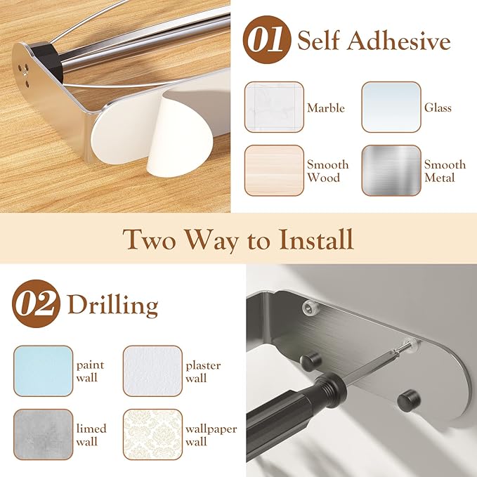 Paper Towel Holder Under Cabinet + Towel Robe Hooks, Single Hand Operable Under Cabinet Paper Towel Holder with Damping Effect Adhesive Wall Mount Paper Towel Rack for Bathroom Kitchen(Silver) - Image 7