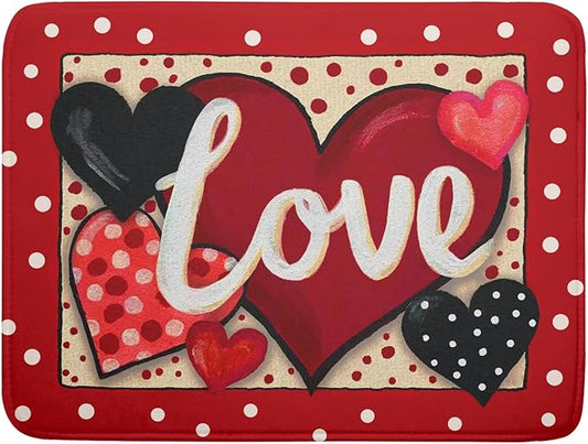 Love Heart Dish Drying Mat 18"x24" Red Dots Microfiber Dish Rack Mat Holiday Absorbent Fast Dry Draining Pad for Kitchen Counter Bar Sinks
