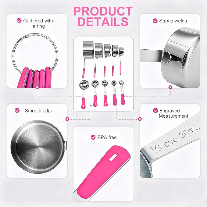 Bopei Measuring Cups and Spoons Set Stainless Steel 10 Piece for Cooking and Baking (5 Cups + 5 Spoons, Pink Handle) - Image 3